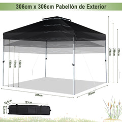 Carpa Plegable 3x3m Cenador Tienda Emergente Pop Up 8 Personas Gazebo Pabellón con Doble Techo Altura Ajustable Playa Jardín Patio Negro