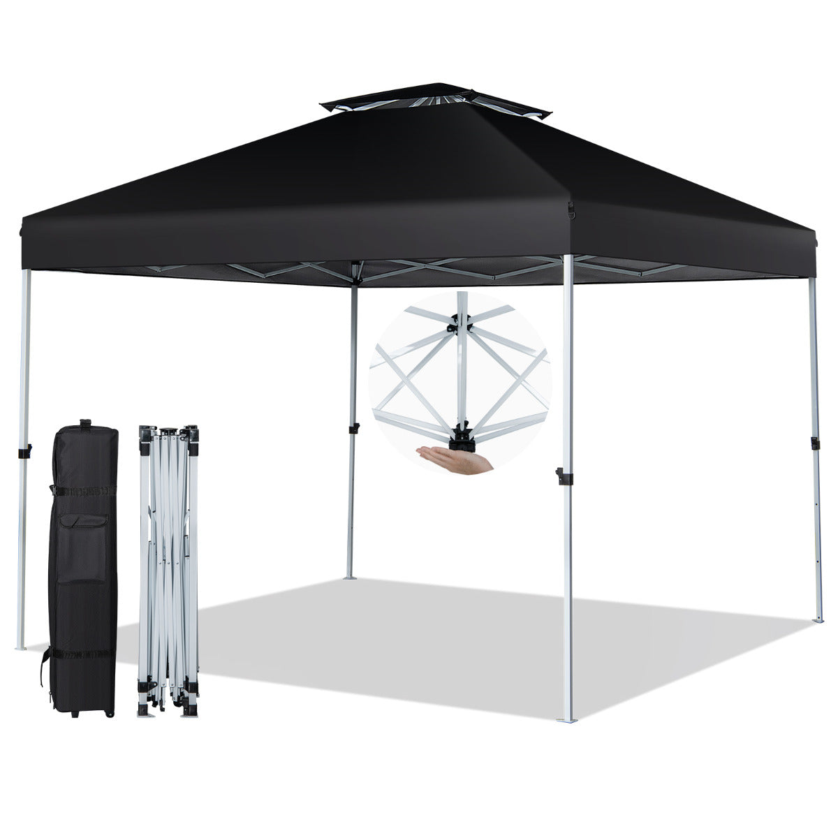 Carpa Plegable 3x3m Cenador Tienda Emergente Pop Up 8 Personas Gazebo Pabellón con Doble Techo Altura Ajustable Playa Jardín Patio Negro