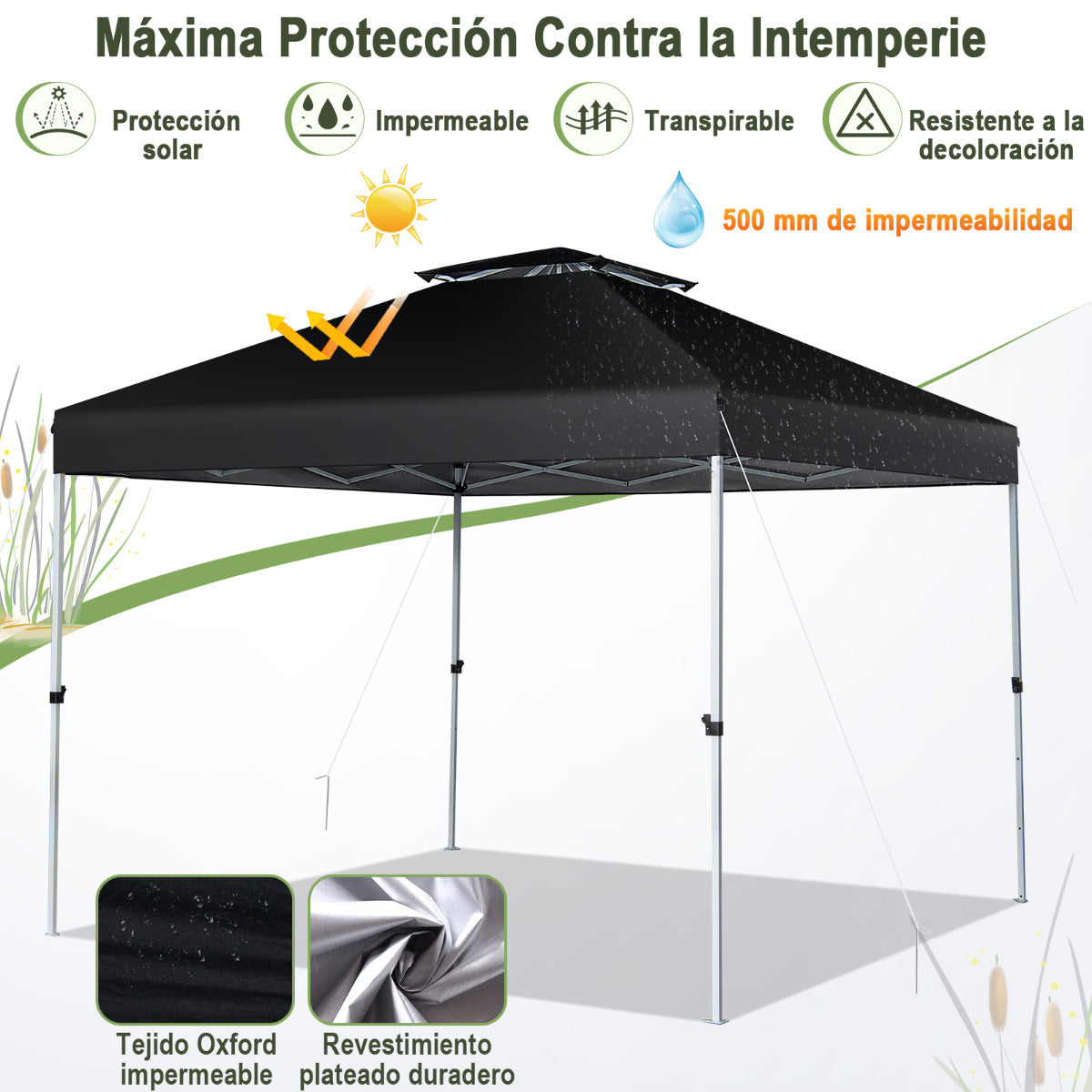 Carpa Plegable 3x3m Cenador Tienda Emergente Pop Up 8 Personas Gazebo Pabellón con Doble Techo Altura Ajustable Playa Jardín Patio Negro