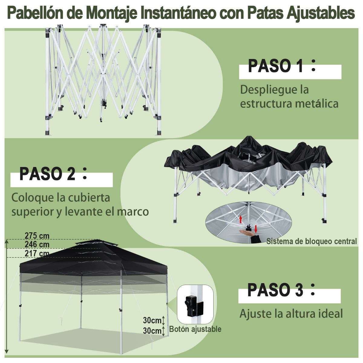 Carpa Plegable 3x3m Cenador Tienda Emergente Pop Up 8 Personas Gazebo Pabellón con Doble Techo Altura Ajustable Playa Jardín Patio Negro