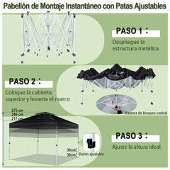 Carpa Plegable 3x3m Cenador Tienda Emergente Pop Up 8 Personas Gazebo Pabellón con Doble Techo Altura Ajustable Playa Jardín Patio Negro
