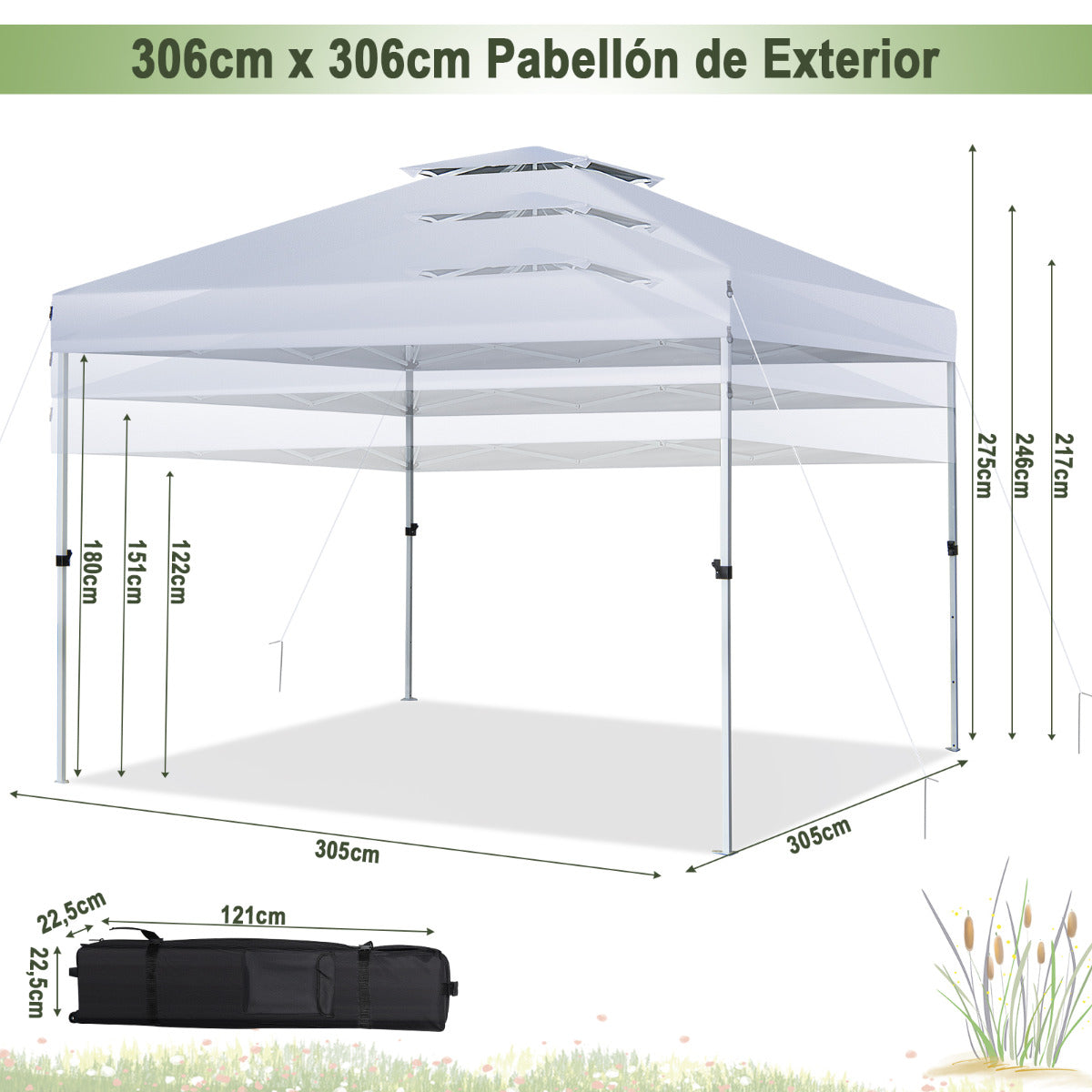 Carpa Plegable 3x3m Cenador Tienda Emergente Pop Up 8 Personas Gazebo Pabellón con Doble Techo Altura Ajustable Playa Jardín Patio Plata