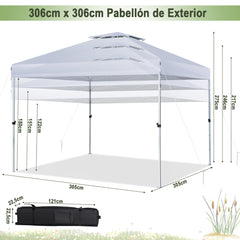 Carpa Plegable 3x3m Cenador Tienda Emergente Pop Up 8 Personas Gazebo Pabellón con Doble Techo Altura Ajustable Playa Jardín Patio Plata
