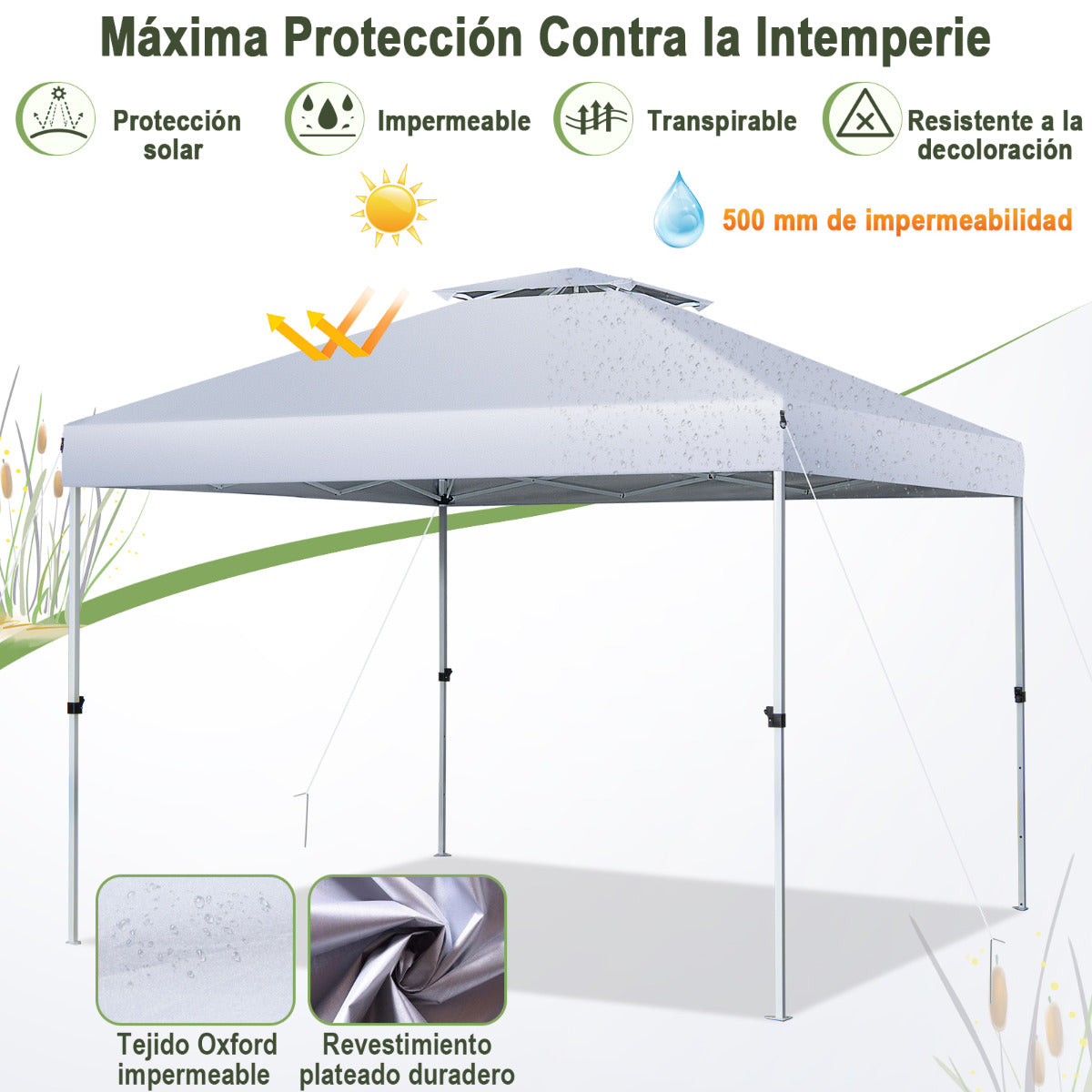 Carpa Plegable 3x3m Cenador Tienda Emergente Pop Up 8 Personas Gazebo Pabellón con Doble Techo Altura Ajustable Playa Jardín Patio Plata
