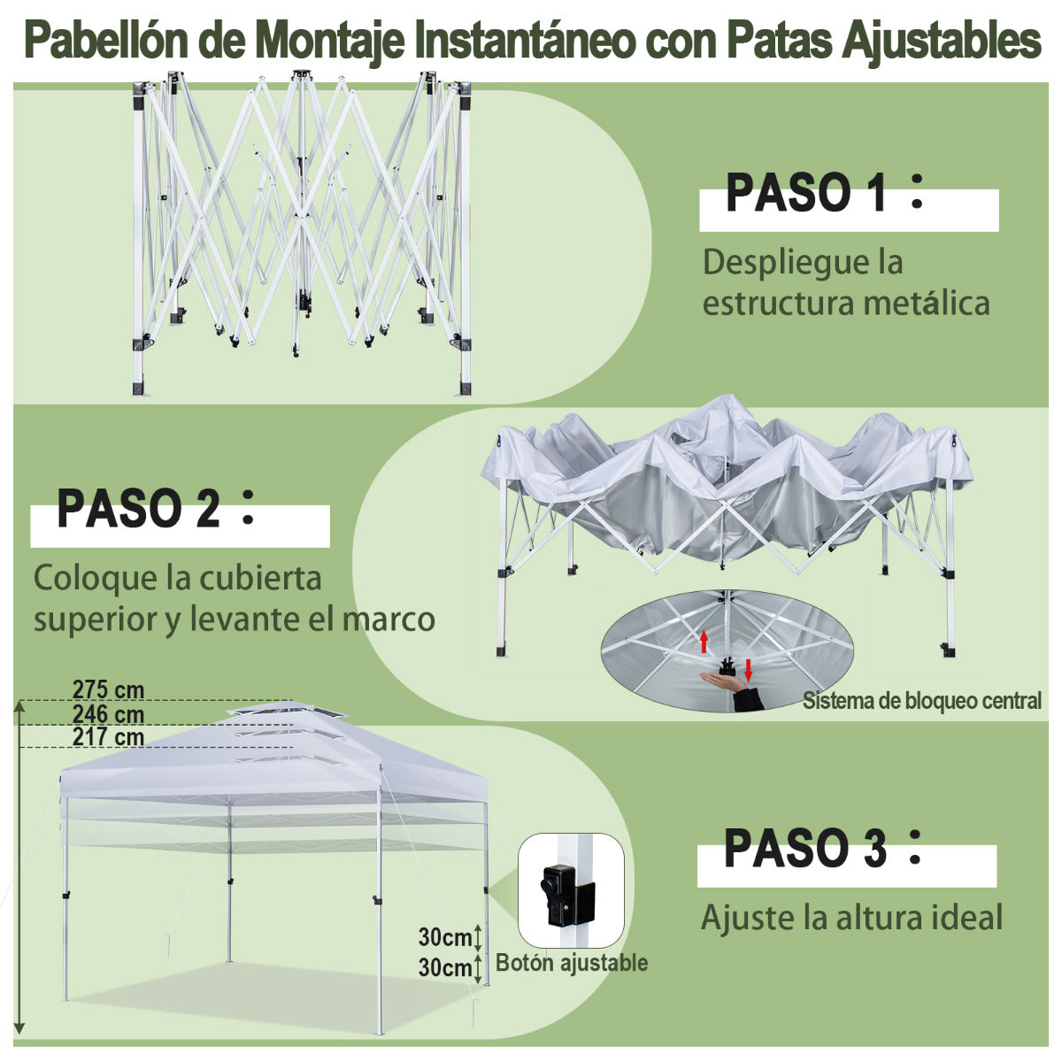 Carpa Plegable 3x3m Cenador Tienda Emergente Pop Up 8 Personas Gazebo Pabellón con Doble Techo Altura Ajustable Playa Jardín Patio Plata