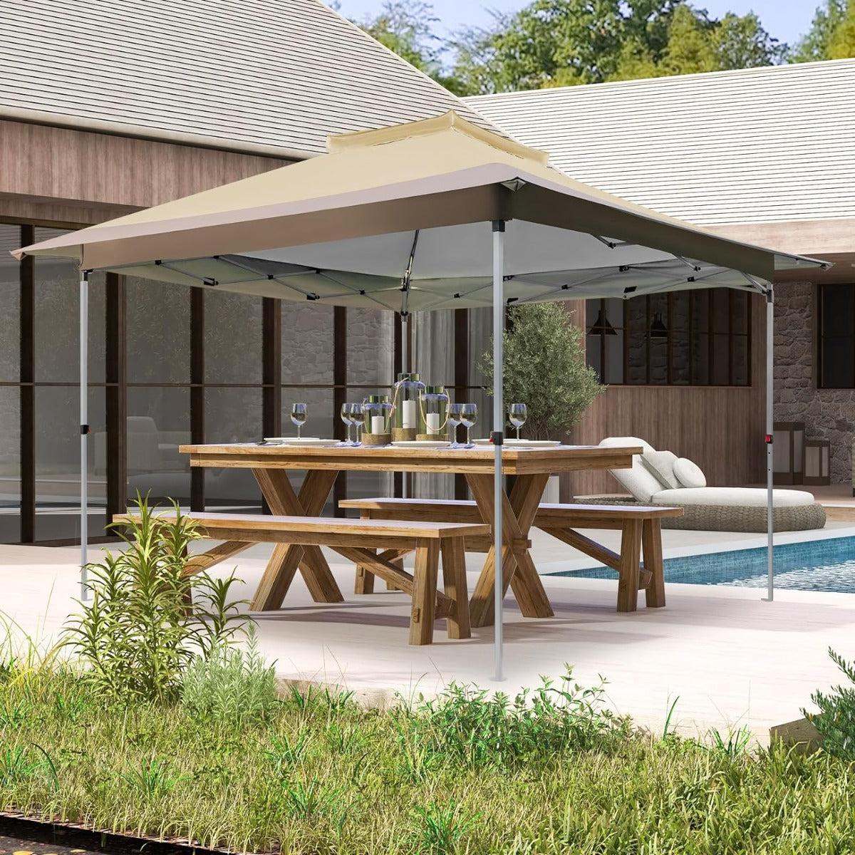 Carpa Plegable 3,6 x 3,6 m sin Mosquitera Pérgola de Jardín Impermeable con Red de Malla de 4 Lados y Parte Superior Ventilada Caqui