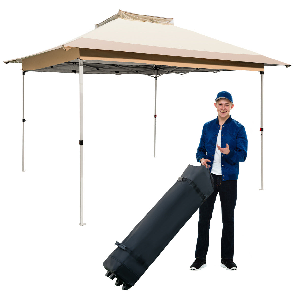 Carpa Plegable 3,6 x 3,6 m sin Mosquitera Pérgola de Jardín Impermeable con Red de Malla de 4 Lados y Parte Superior Ventilada Caqui