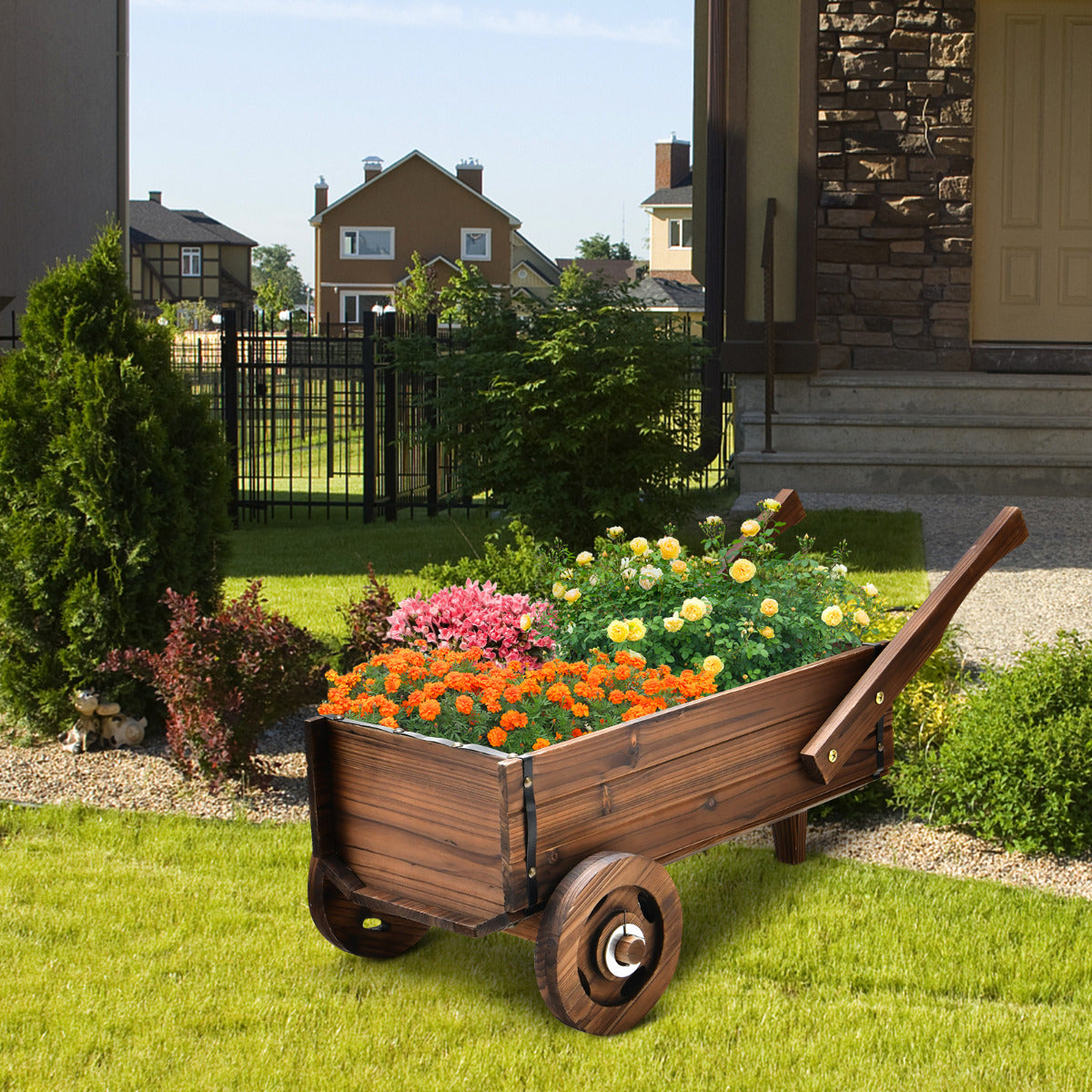 Carretilla Jardín de Madera de Flores Carrito de Maceta con Ruedas Orificio de Drenaje Decoración para Patio 81 x 40 x 38,5 cm Marrón