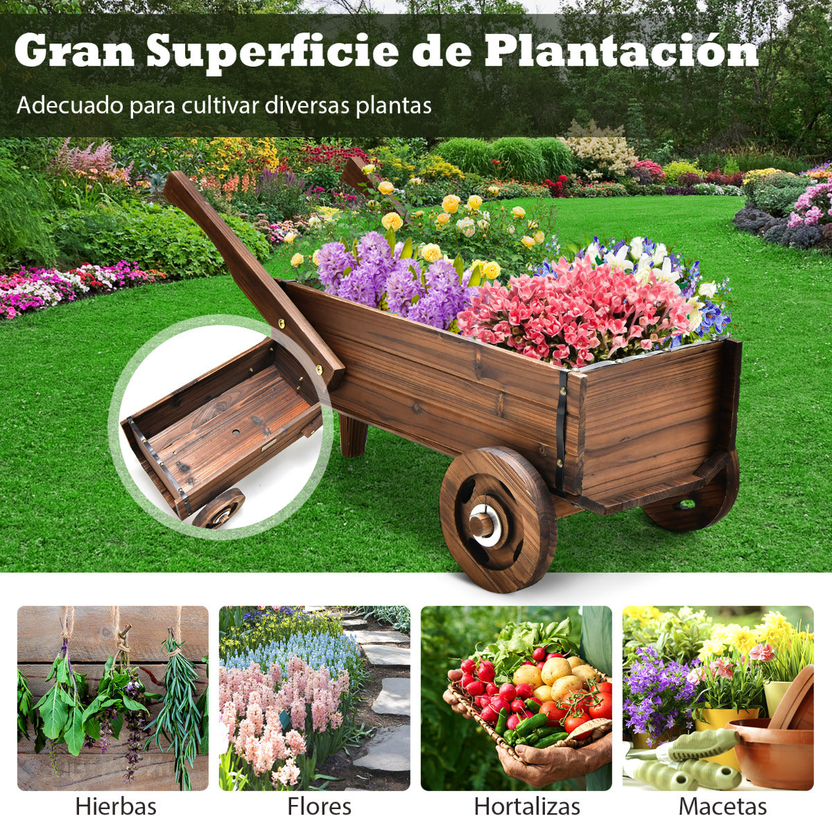 Carretilla Jardín de Madera de Flores Carrito de Maceta con Ruedas Orificio de Drenaje Decoración para Patio 81 x 40 x 38,5 cm Marrón