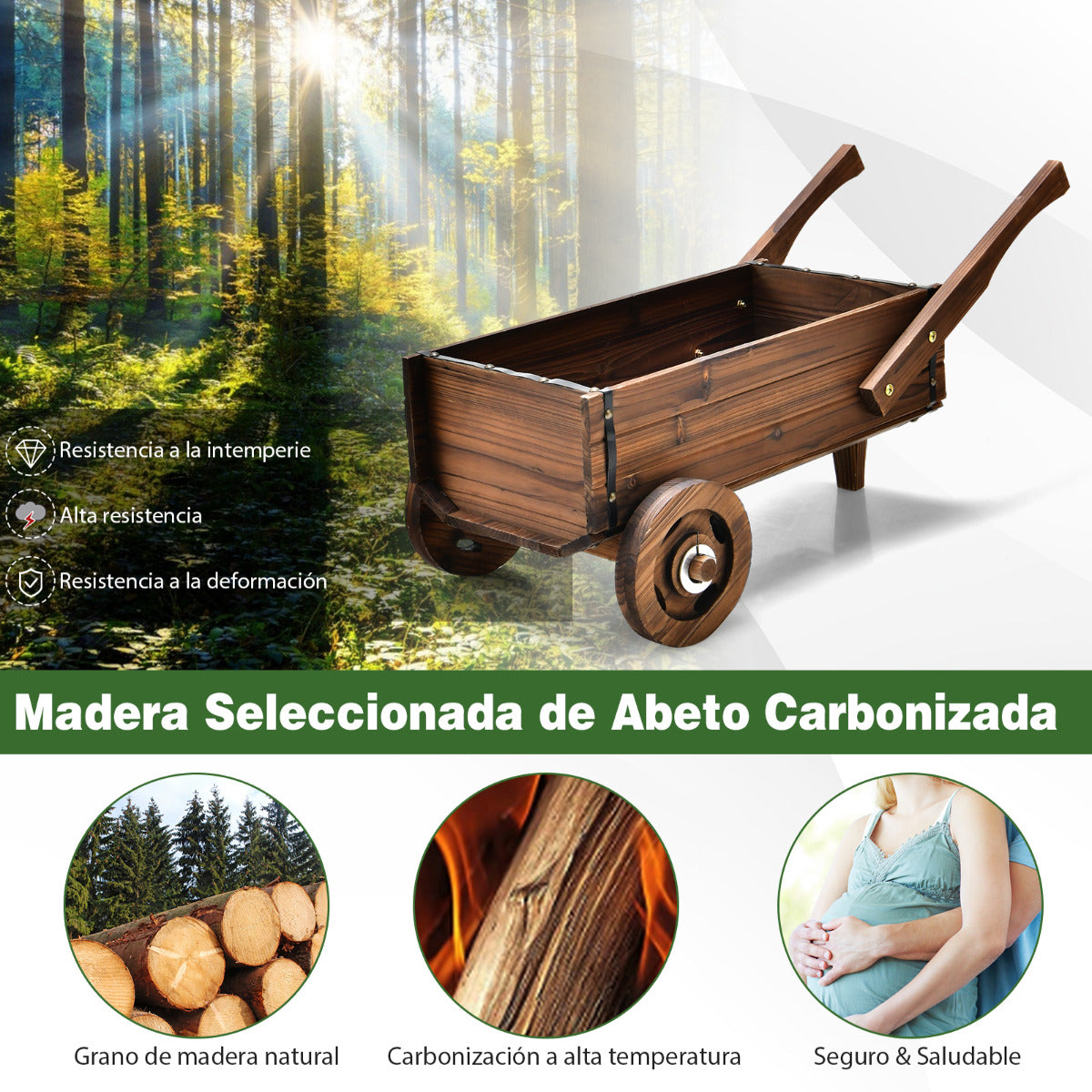Carretilla Jardín de Madera de Flores Carrito de Maceta con Ruedas Orificio de Drenaje Decoración para Patio 81 x 40 x 38,5 cm Marrón