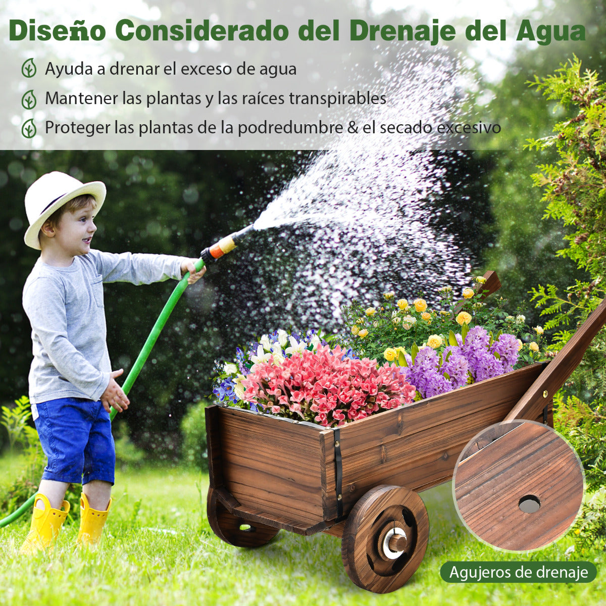 Carretilla Jardín de Madera de Flores Carrito de Maceta con Ruedas Orificio de Drenaje Decoración para Patio 81 x 40 x 38,5 cm Marrón