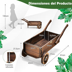 Carretilla Jardín de Madera de Flores Carrito de Maceta con Ruedas Orificio de Drenaje Decoración para Patio 81 x 40 x 38,5 cm Marrón