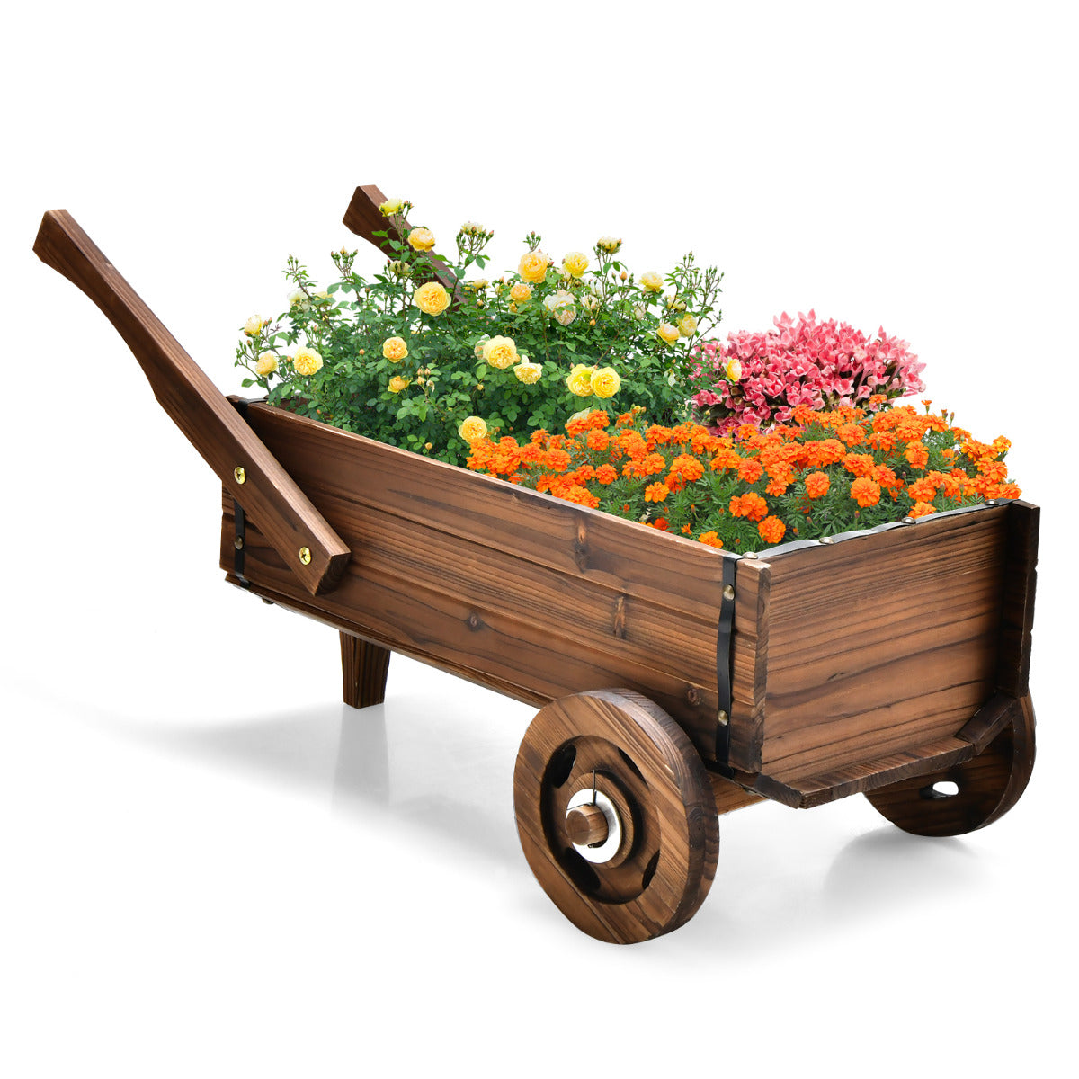 Carretilla Jardín de Madera de Flores Carrito de Maceta con Ruedas Orificio de Drenaje Decoración para Patio 81 x 40 x 38,5 cm Marrón