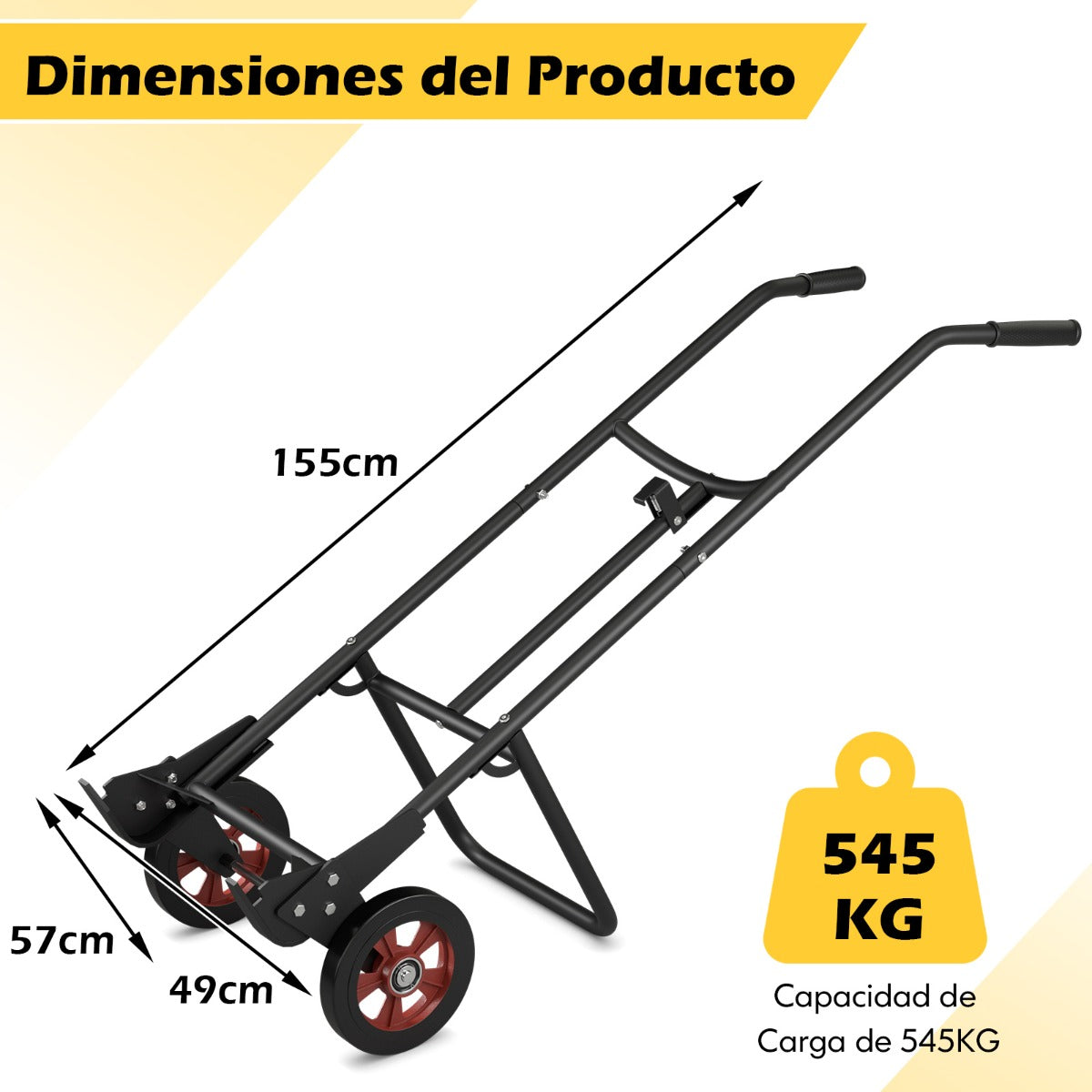 Carretilla de Metal para Tambores con 2 Ruedas de Goma Asas de EVA y Resorte para Fijación de Tambores Carga 545 kg 57 x 49 x 155 cm Negro