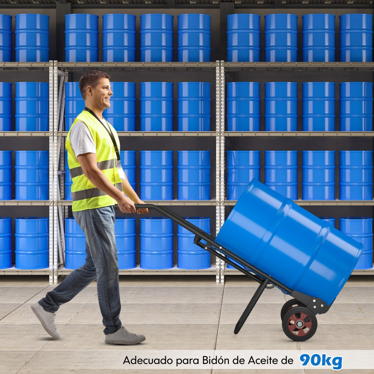 Carretilla de Metal para Tambores con 2 Ruedas de Goma Asas de EVA y Resorte para Fijación de Tambores Carga 545 kg 57 x 49 x 155 cm Negro