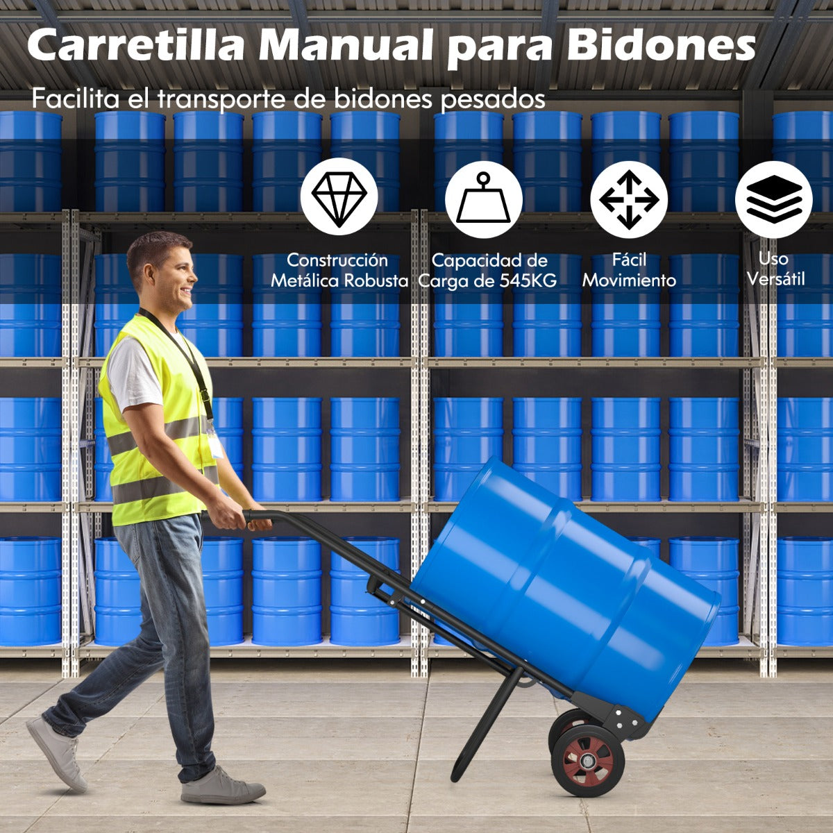 Carretilla de Metal para Tambores con 2 Ruedas de Goma Asas de EVA y Resorte para Fijación de Tambores Carga 545 kg 57 x 49 x 155 cm Negro