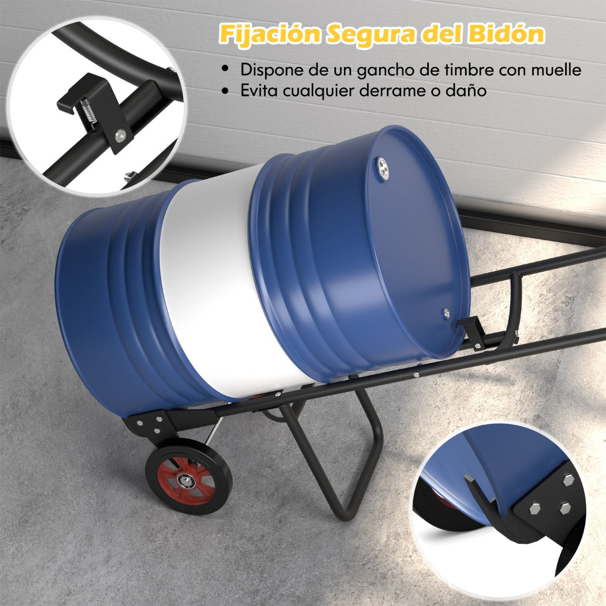 Carretilla de Metal para Tambores con 2 Ruedas de Goma Asas de EVA y Resorte para Fijación de Tambores Carga 545 kg 57 x 49 x 155 cm Negro