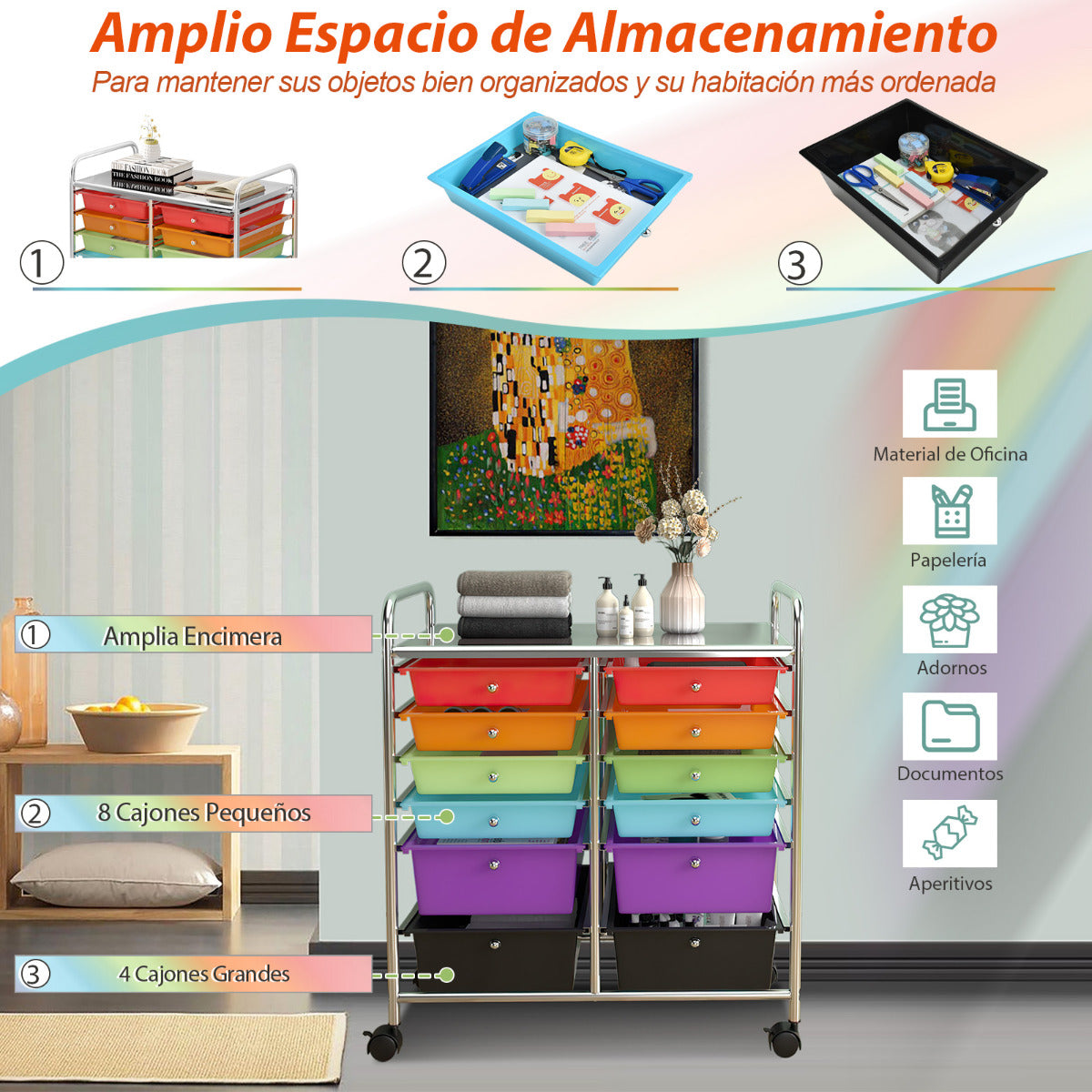 Carrito Auxiliar con 12 Cajones Carro de Almacenamiento con Ruedas Estantería en Despacho Escritorio Oficina 64 x 38 x 75 cm Colorido