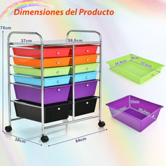 Carrito Auxiliar con 12 Cajones Carro de Almacenamiento con Ruedas Estantería en Despacho Escritorio Oficina 64 x 38 x 75 cm Colorido