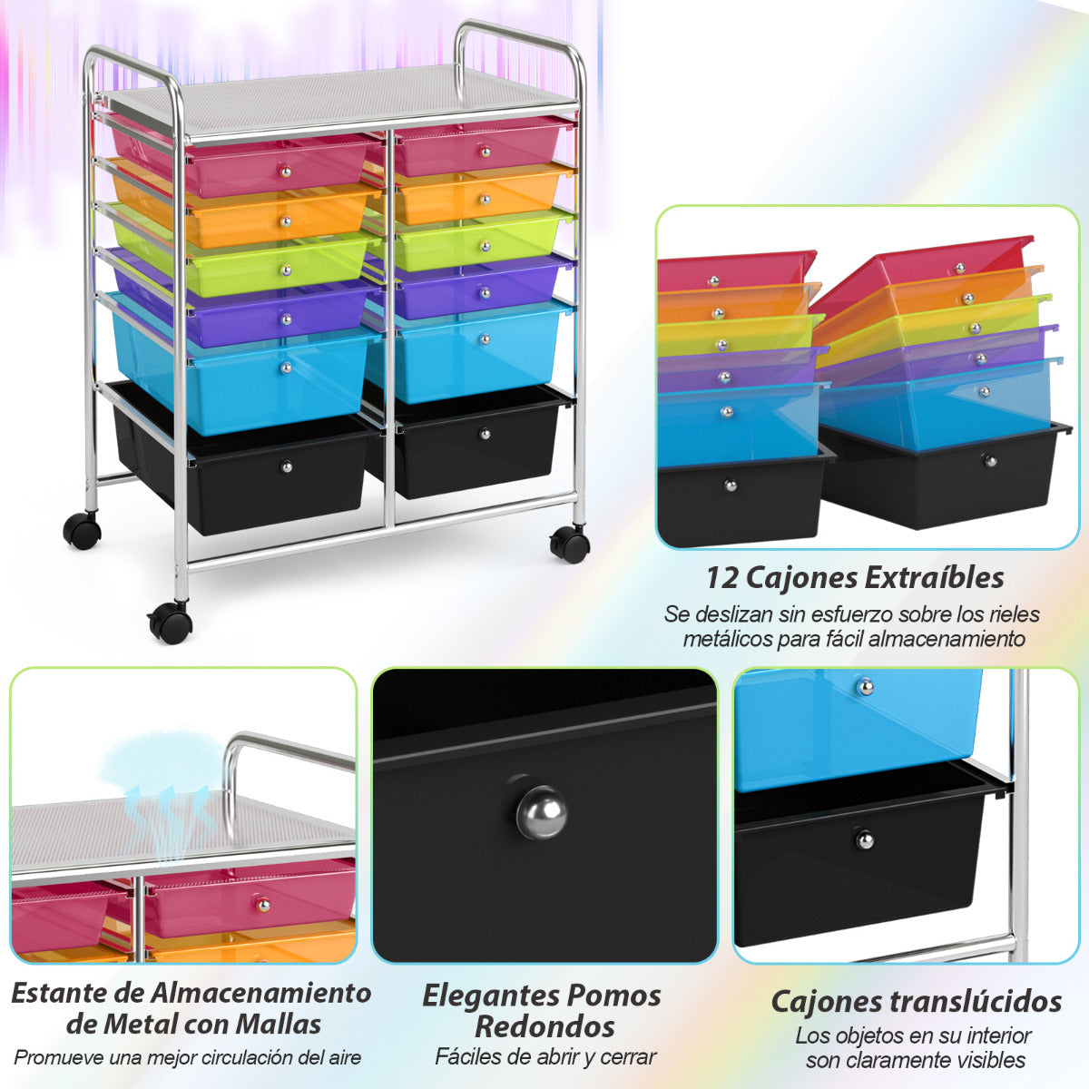Carrito Auxiliar con 12 Cajones Carro de Almacenamiento con Ruedas Estantería en Despacho Escritorio Oficina 64 x 38 x 75 cm Multicolor
