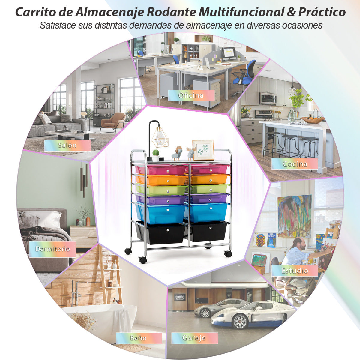 Carrito Auxiliar con 12 Cajones Carro de Almacenamiento con Ruedas Estantería en Despacho Escritorio Oficina 64 x 38 x 75 cm Multicolor