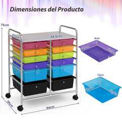 Carrito Auxiliar con 12 Cajones Carro de Almacenamiento con Ruedas Estantería en Despacho Escritorio Oficina 64 x 38 x 75 cm Multicolor