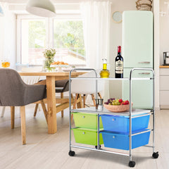 Carro Multiusos con Ruedas Carro con 4 Cajones y 2 Estantes para Baño de Cocina 58,5 x 37 x 75 cm Azul y Verde
