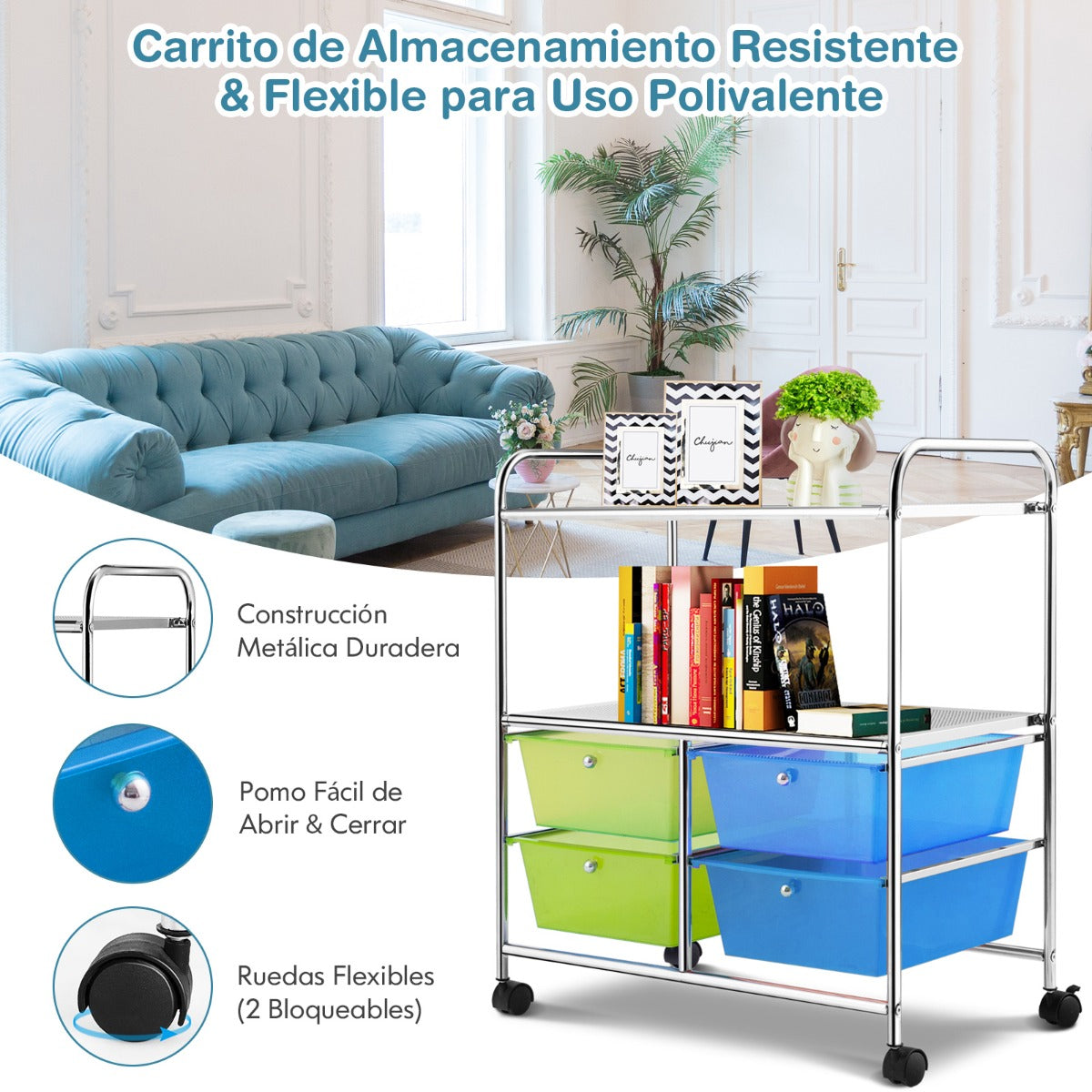 Carro Multiusos con Ruedas Carro con 4 Cajones y 2 Estantes para Baño de Cocina 58,5 x 37 x 75 cm Azul y Verde
