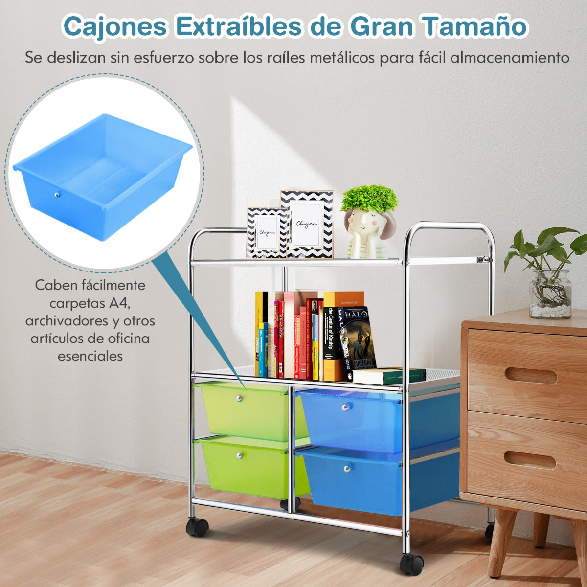Carro Multiusos con Ruedas Carro con 4 Cajones y 2 Estantes para Baño de Cocina 58,5 x 37 x 75 cm Azul y Verde