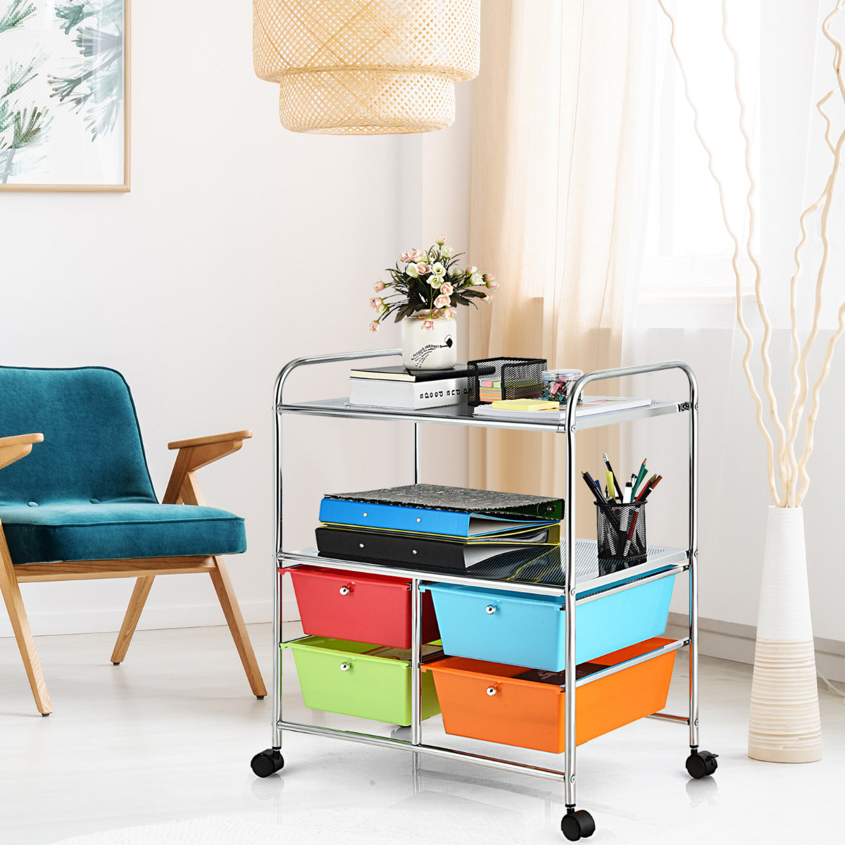 Carrito Auxiliar con 4 Cajones Apilables y 2 Estantes 4 Ruedas Organizador para Cocina Baño Oficina 58,5 x 37 x 75 cm Multicolor