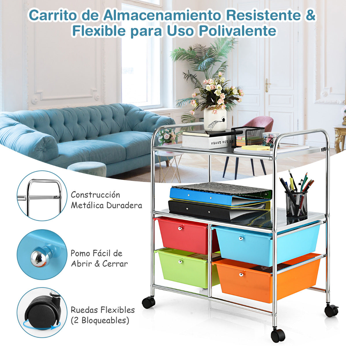 Carrito Auxiliar con 4 Cajones Apilables y 2 Estantes 4 Ruedas Organizador para Cocina Baño Oficina 58,5 x 37 x 75 cm Multicolor
