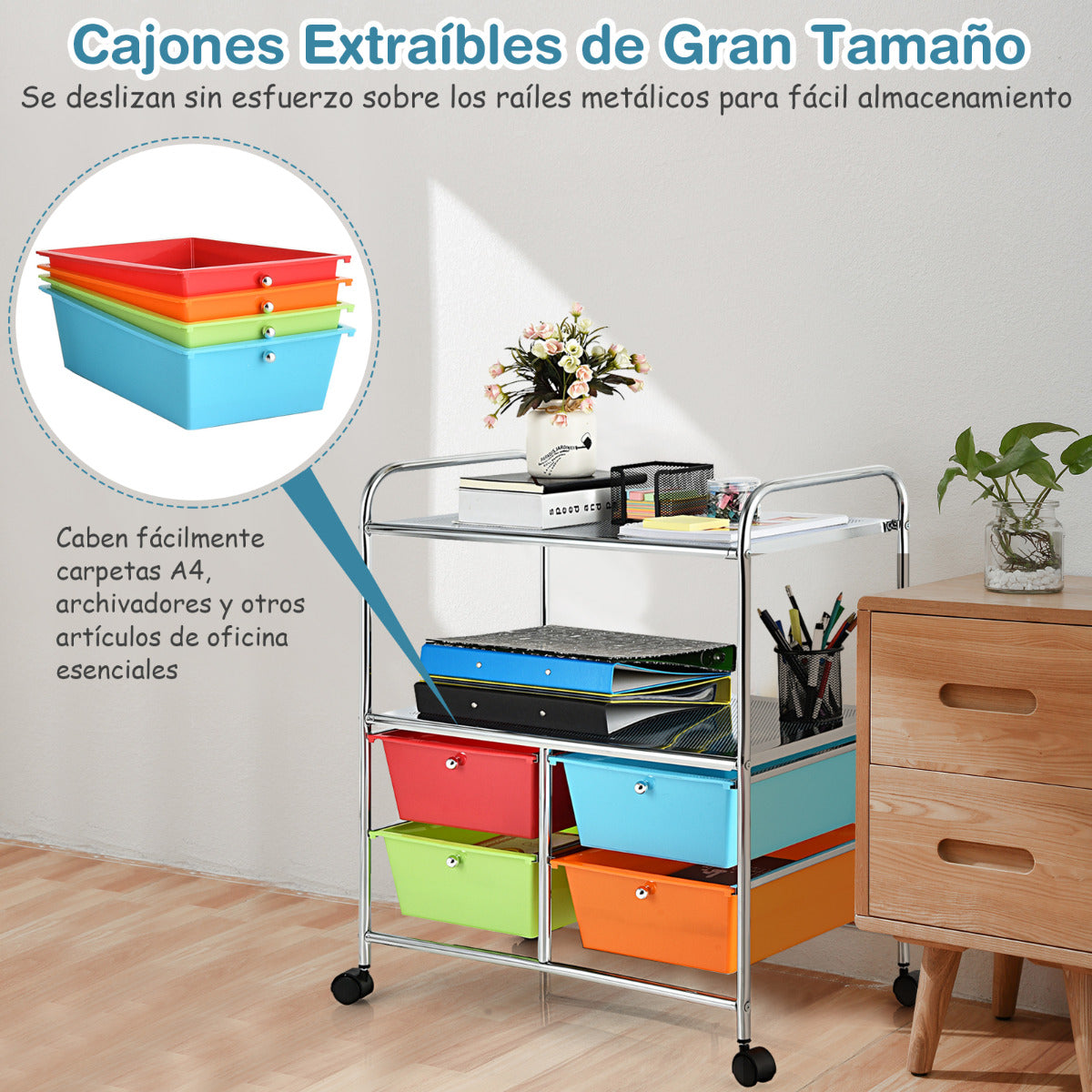 Carrito Auxiliar con 4 Cajones Apilables y 2 Estantes 4 Ruedas Organizador para Cocina Baño Oficina 58,5 x 37 x 75 cm Multicolor