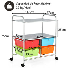 Carrito Auxiliar con 4 Cajones Apilables y 2 Estantes 4 Ruedas Organizador para Cocina Baño Oficina 58,5 x 37 x 75 cm Multicolor