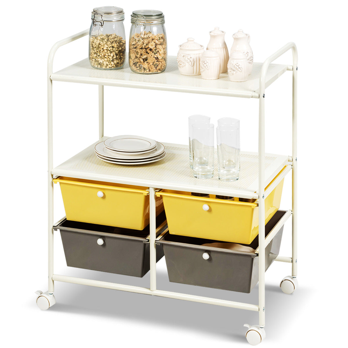 Carrito Auxiliar con 4 Cajones Apilables y 2 Estantes 4 Ruedas Organizador para Cocina Baño Oficina 58,5 x 37 x 75 cm Amarillo