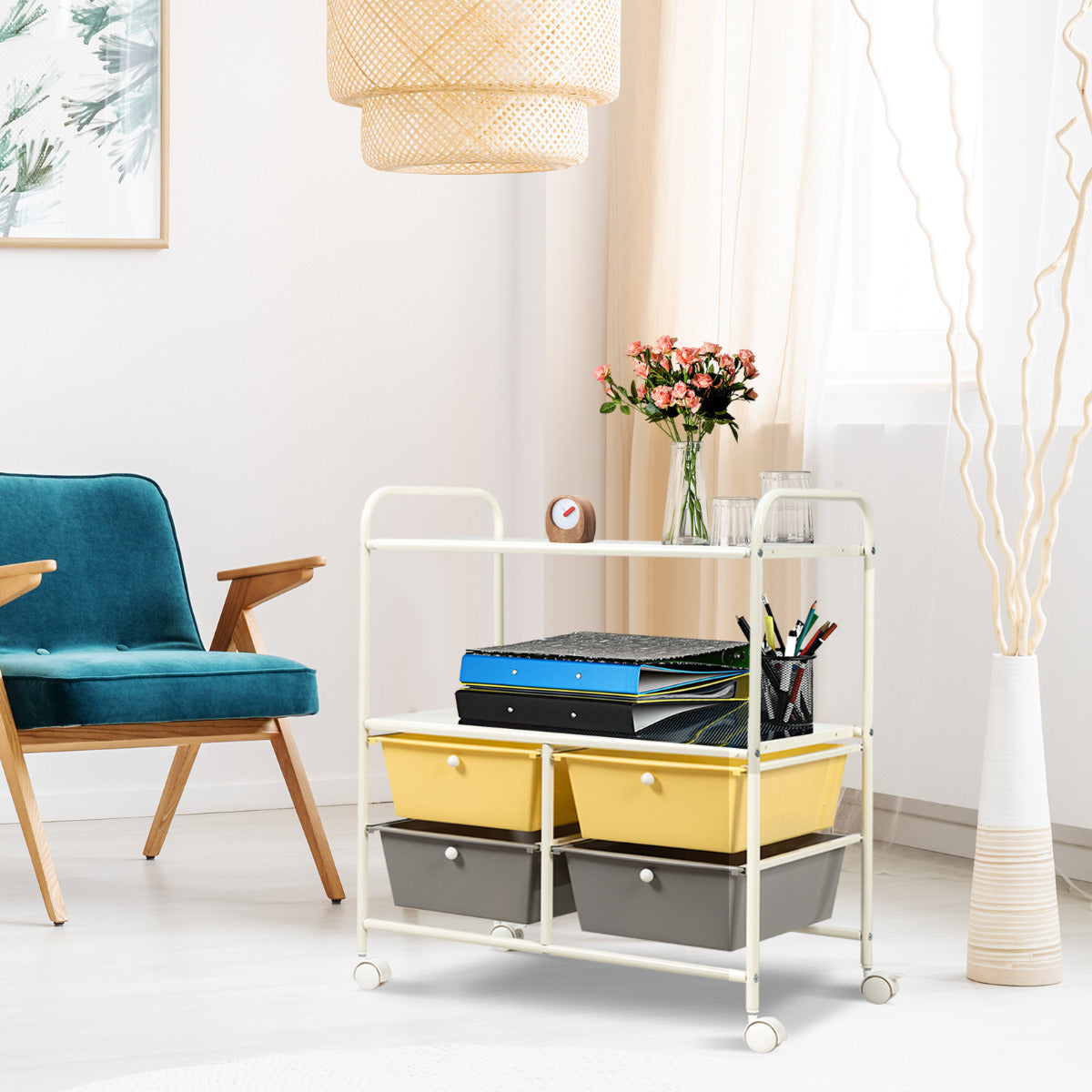 Carrito Auxiliar con 4 Cajones Apilables y 2 Estantes 4 Ruedas Organizador para Cocina Baño Oficina 58,5 x 37 x 75 cm Amarillo