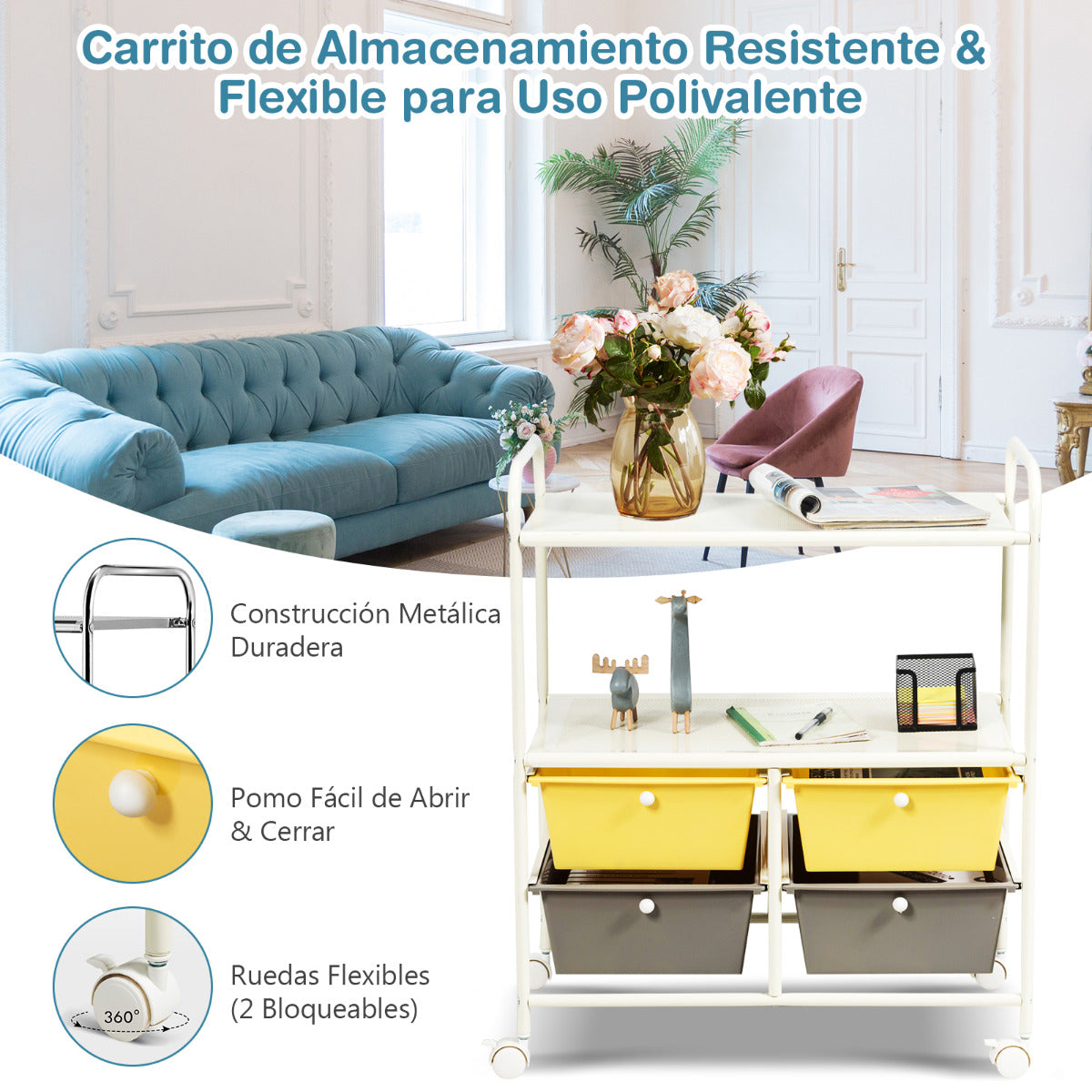 Carrito Auxiliar con 4 Cajones Apilables y 2 Estantes 4 Ruedas Organizador para Cocina Baño Oficina 58,5 x 37 x 75 cm Amarillo