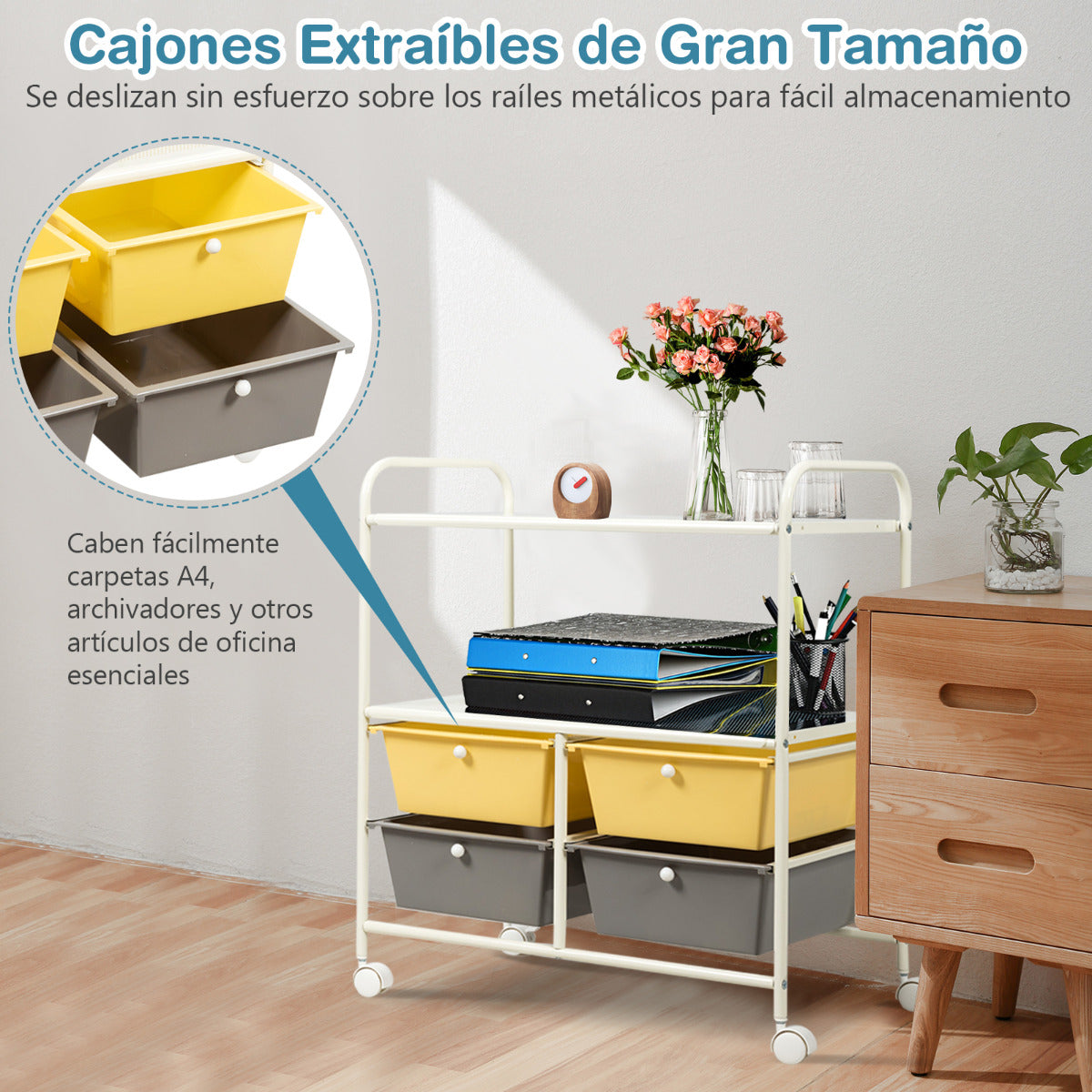 Carrito Auxiliar con 4 Cajones Apilables y 2 Estantes 4 Ruedas Organizador para Cocina Baño Oficina 58,5 x 37 x 75 cm Amarillo