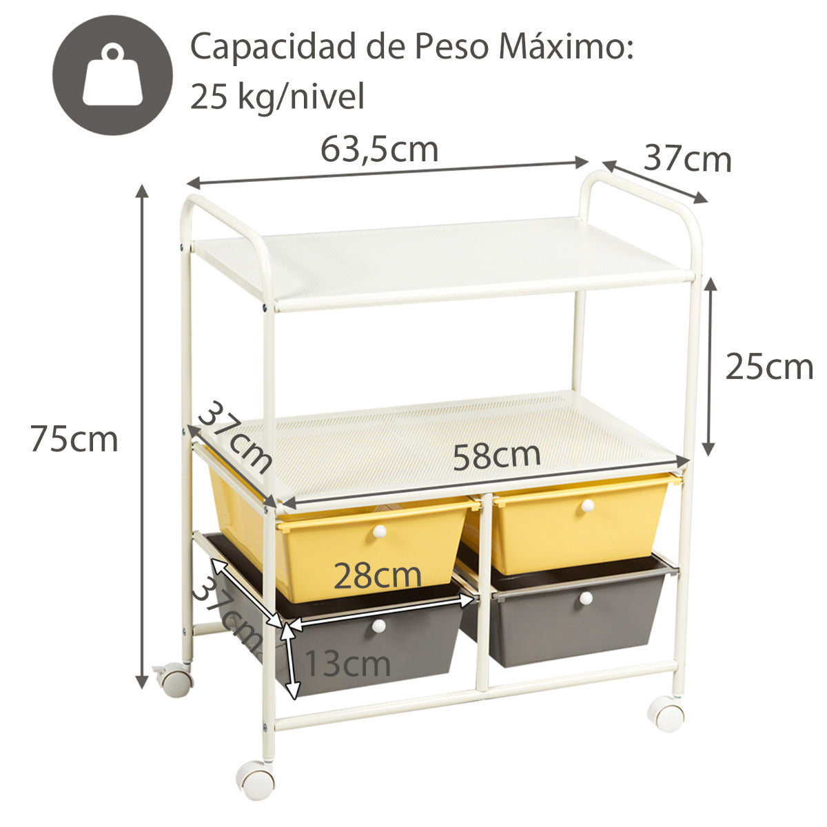 Carrito Auxiliar con 4 Cajones Apilables y 2 Estantes 4 Ruedas Organizador para Cocina Baño Oficina 58,5 x 37 x 75 cm Amarillo