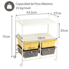 Carrito Auxiliar con 4 Cajones Apilables y 2 Estantes 4 Ruedas Organizador para Cocina Baño Oficina 58,5 x 37 x 75 cm Amarillo