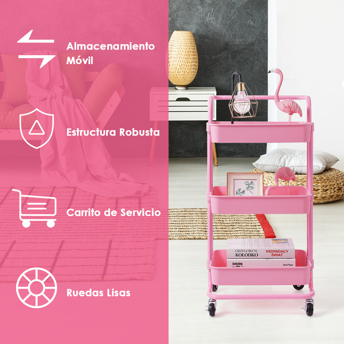Carrito Auxiliar de Almacenamiento con 4 Ruedas Universales Carga 60kg Carro de Cocina 3 Cestas de ABS Antioxidante 42 x 35,5 x 86 cm Rosa