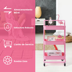 Carrito Auxiliar de Almacenamiento con 4 Ruedas Universales Carga 60kg Carro de Cocina 3 Cestas de ABS Antioxidante 42 x 35,5 x 86 cm Rosa
