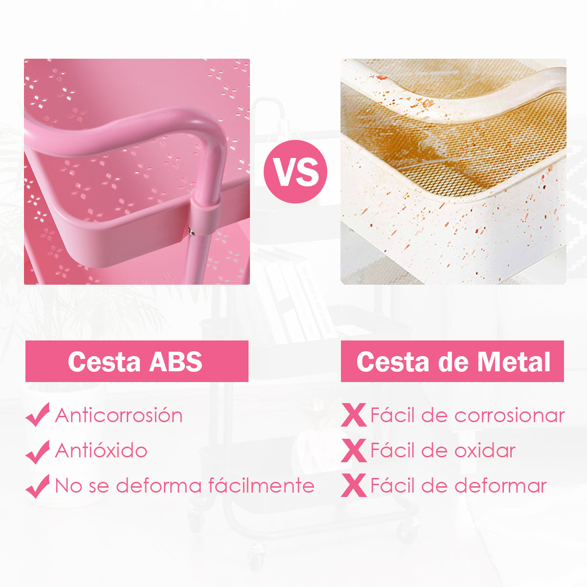 Carrito Auxiliar de Almacenamiento con 4 Ruedas Universales Carga 60kg Carro de Cocina 3 Cestas de ABS Antioxidante 42 x 35,5 x 86 cm Rosa