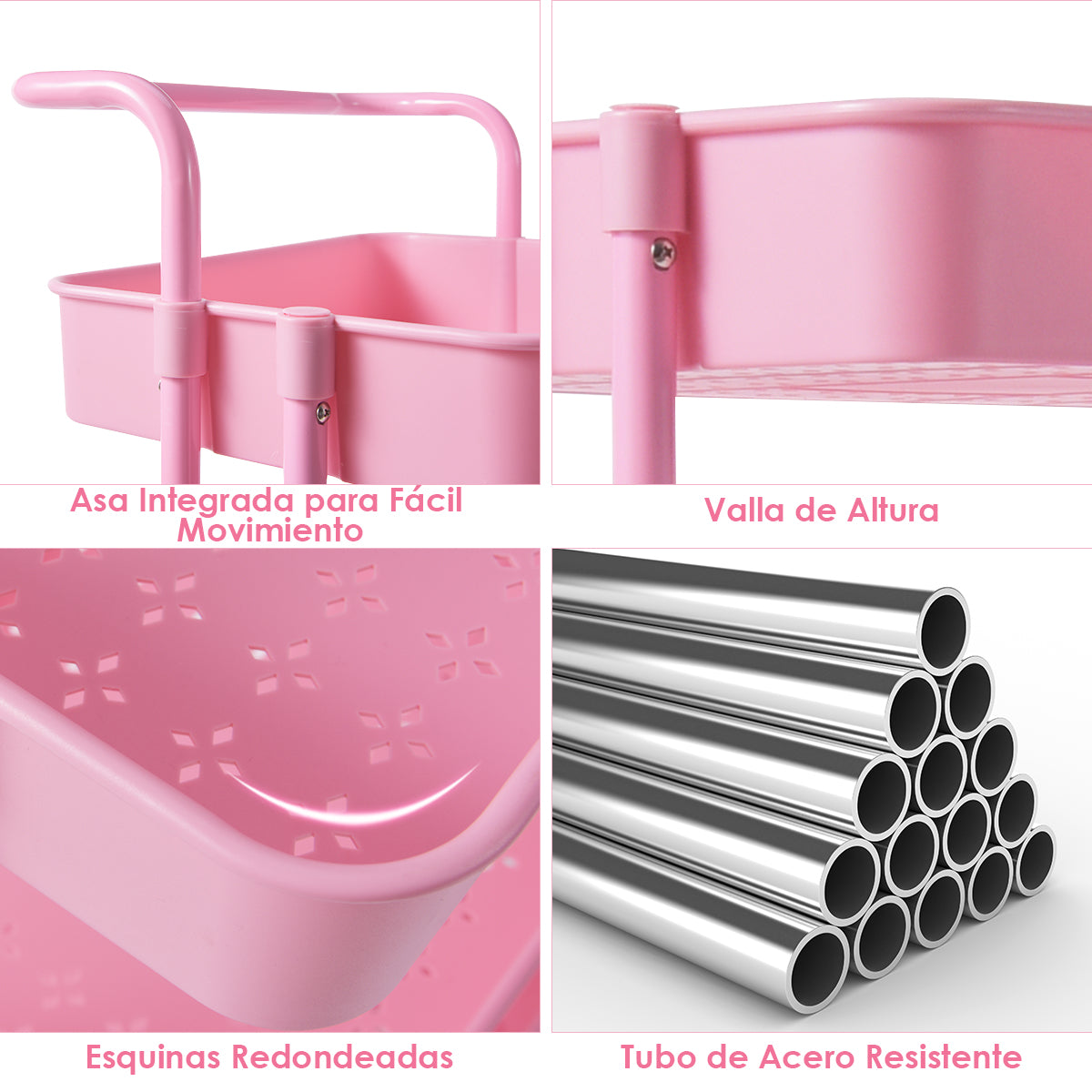 Carrito Auxiliar de Almacenamiento con 4 Ruedas Universales Carga 60kg Carro de Cocina 3 Cestas de ABS Antioxidante 42 x 35,5 x 86 cm Rosa