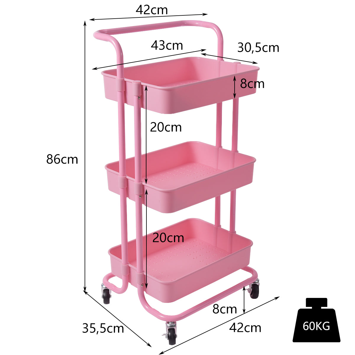 Carrito Auxiliar de Almacenamiento con 4 Ruedas Universales Carga 60kg Carro de Cocina 3 Cestas de ABS Antioxidante 42 x 35,5 x 86 cm Rosa