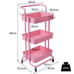 Carrito Auxiliar de Almacenamiento con 4 Ruedas Universales Carga 60kg Carro de Cocina 3 Cestas de ABS Antioxidante 42 x 35,5 x 86 cm Rosa