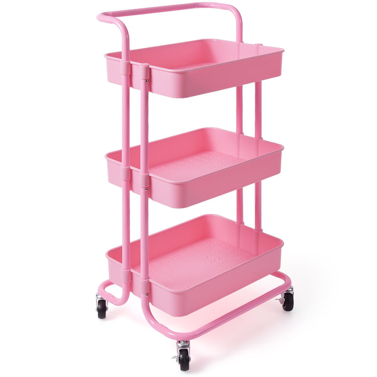 Carrito Auxiliar de Almacenamiento con 4 Ruedas Universales Carga 60kg Carro de Cocina 3 Cestas de ABS Antioxidante 42 x 35,5 x 86 cm Rosa