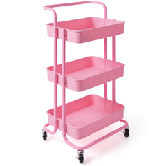 Carrito Auxiliar de Almacenamiento con 4 Ruedas Universales Carga 60kg Carro de Cocina 3 Cestas de ABS Antioxidante 42 x 35,5 x 86 cm Rosa