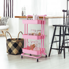 Carrito Auxiliar de Almacenamiento con 4 Ruedas Universales Carga 60kg Carro de Cocina 3 Cestas de ABS Antioxidante 42 x 35,5 x 86 cm Rosa