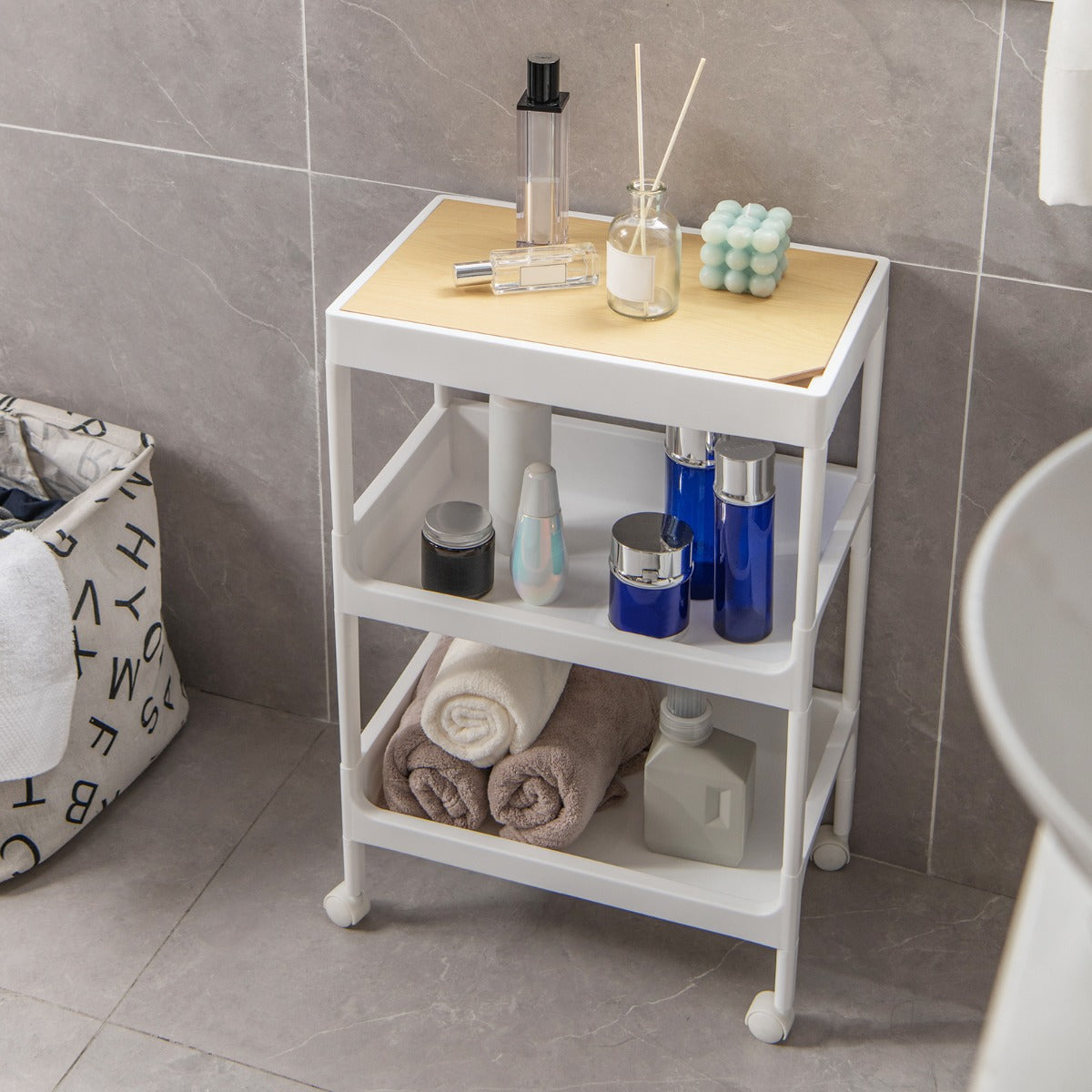 Carrito Auxiliar con Ruedas Bloqueable de 3 Niveles y Bandeja Superior Extraíble para Lavadero Cocina y Baño 40 x 26 x 61 cm Blanco