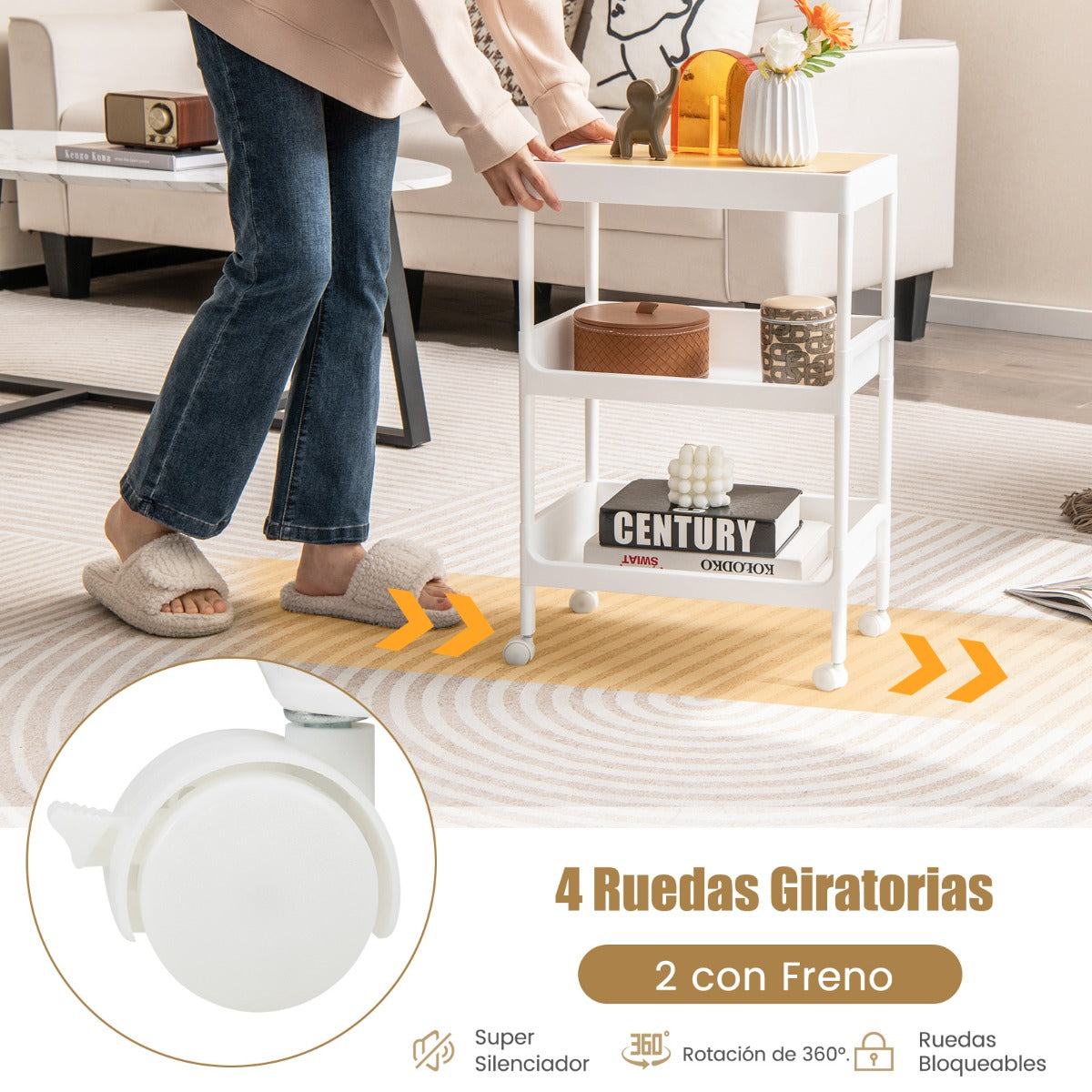 Carrito Auxiliar con Ruedas Bloqueable de 3 Niveles y Bandeja Superior Extraíble para Lavadero Cocina y Baño 40 x 26 x 61 cm Blanco